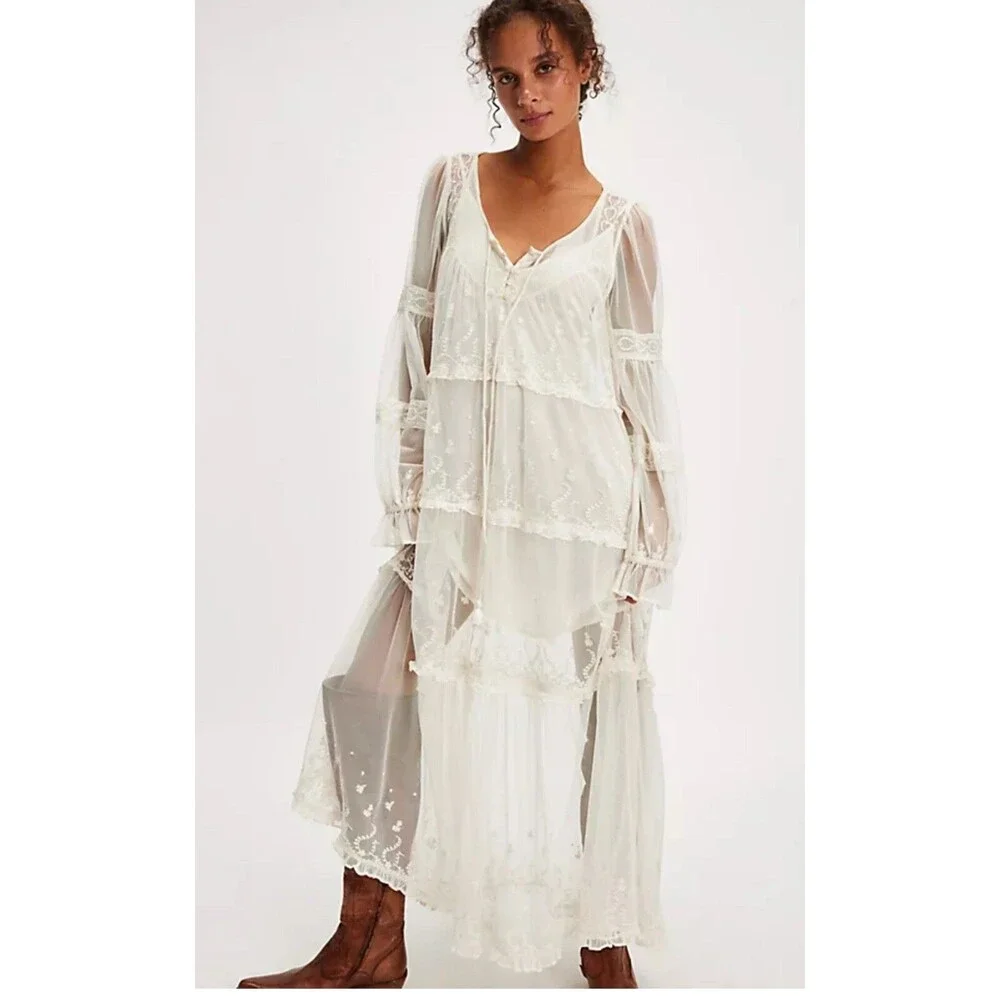 Free People Maxi Dress Women Ivory Stevie Retro Boho Resort Vacay Size XS New